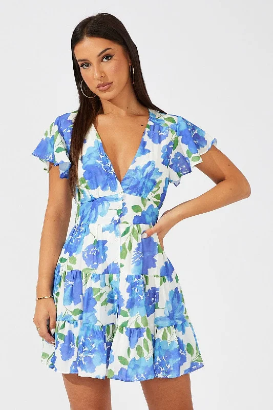 Multi Floral Fit And Flare Dress V-neck Mini