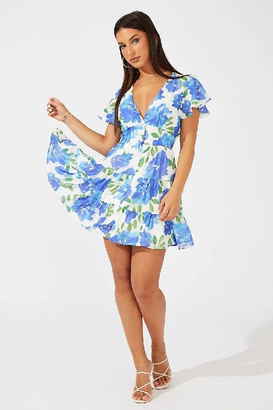 Multi Floral Fit And Flare Dress V-neck Mini