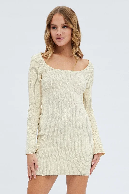 Nude Knit Dress Long Sleeve Scoop Neck Mini