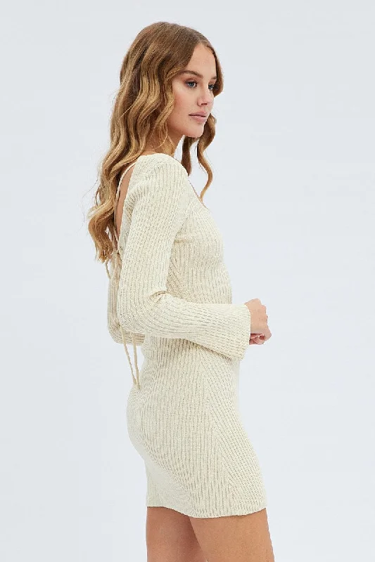 Nude Knit Dress Long Sleeve Scoop Neck Mini