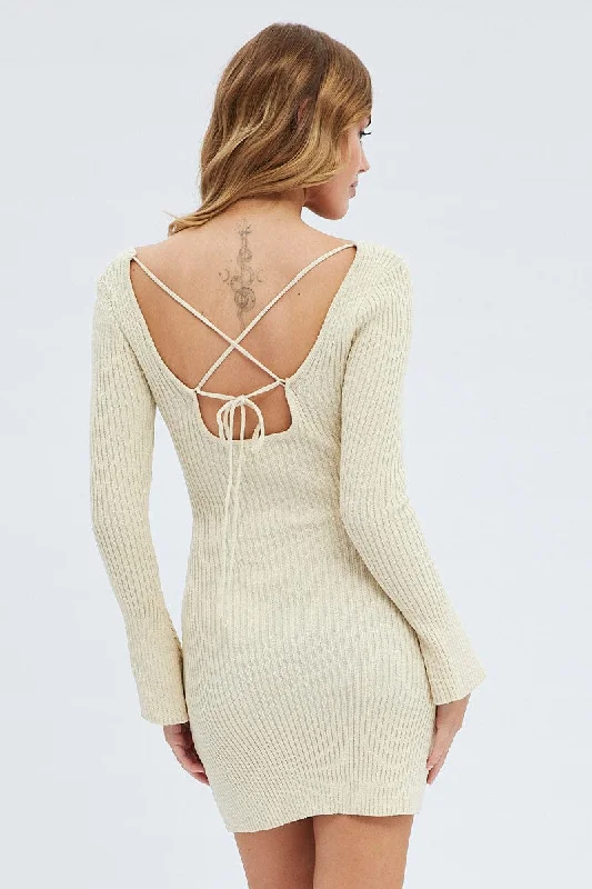 Nude Knit Dress Long Sleeve Scoop Neck Mini