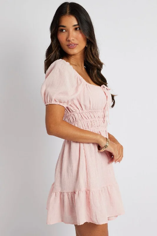 Pink Fit And Flare Dress Puff Sleeve Mini