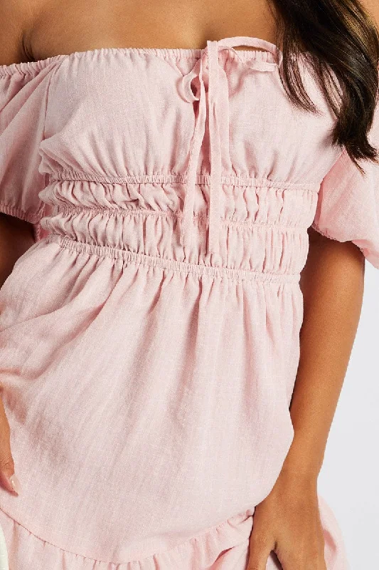 Pink Fit And Flare Dress Puff Sleeve Mini