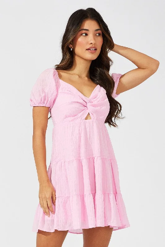 Pink Fit And Flare Dress Puff Sleeve Mini