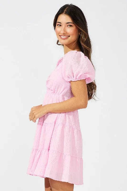 Pink Fit And Flare Dress Puff Sleeve Mini