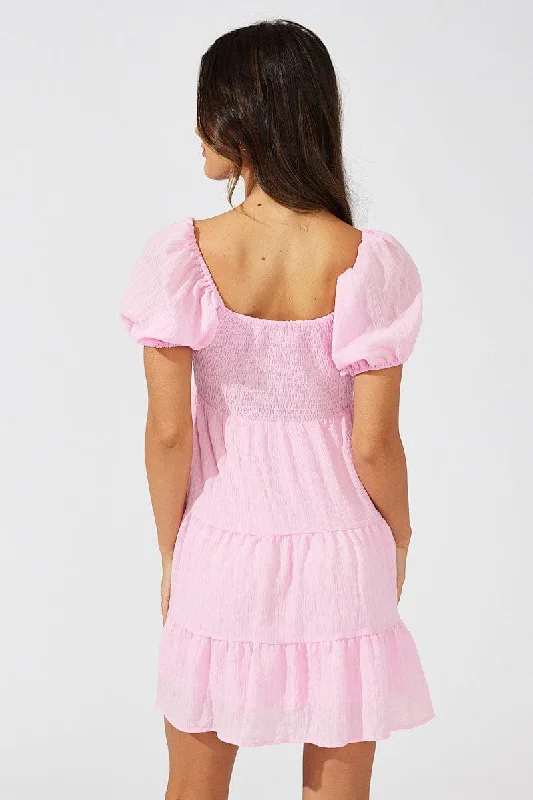 Pink Fit And Flare Dress Puff Sleeve Mini