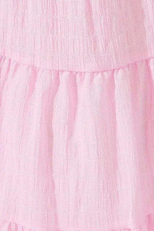 Pink Fit And Flare Dress Puff Sleeve Mini