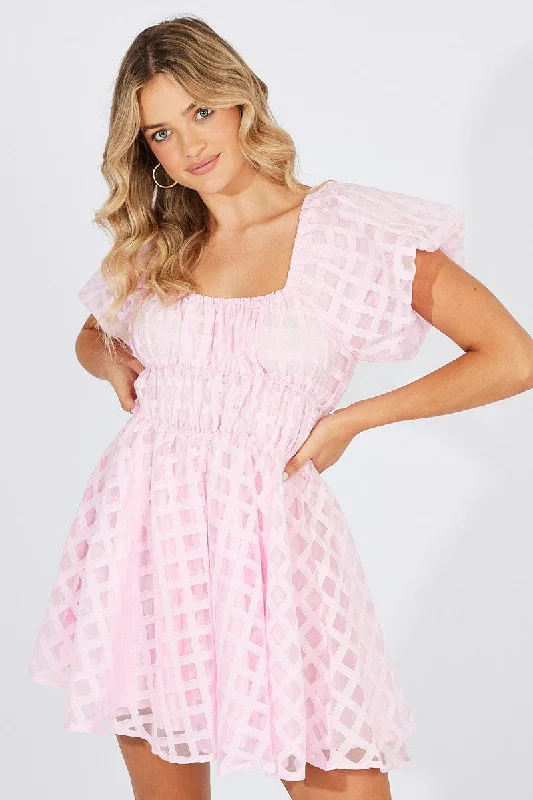 Pink Fit And Flare Dress Puff Sleeve Mini