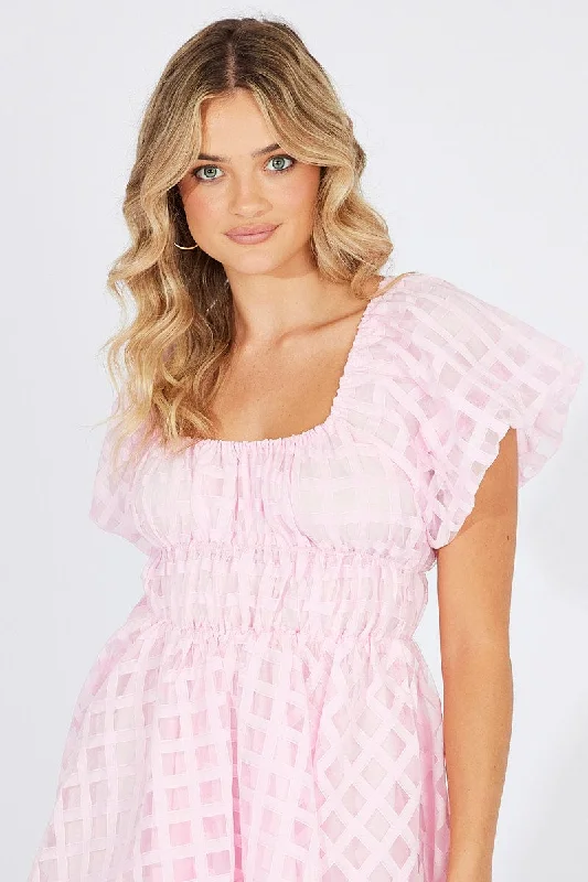 Pink Fit And Flare Dress Puff Sleeve Mini