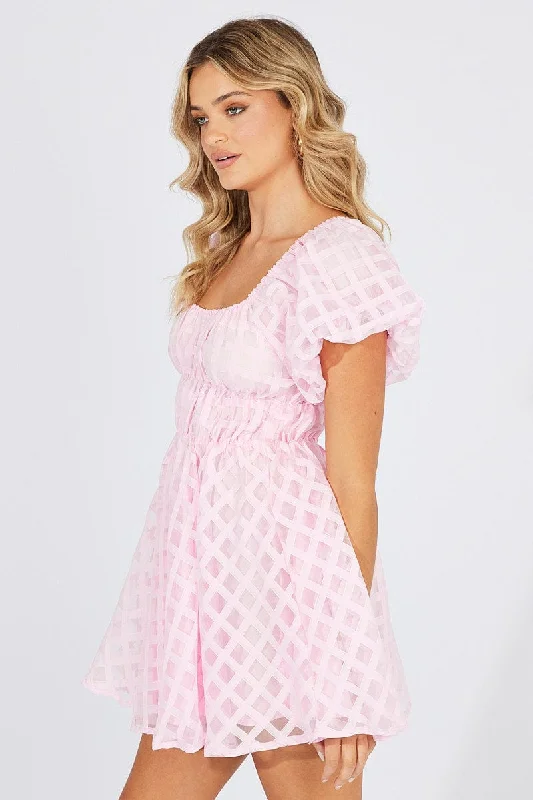 Pink Fit And Flare Dress Puff Sleeve Mini