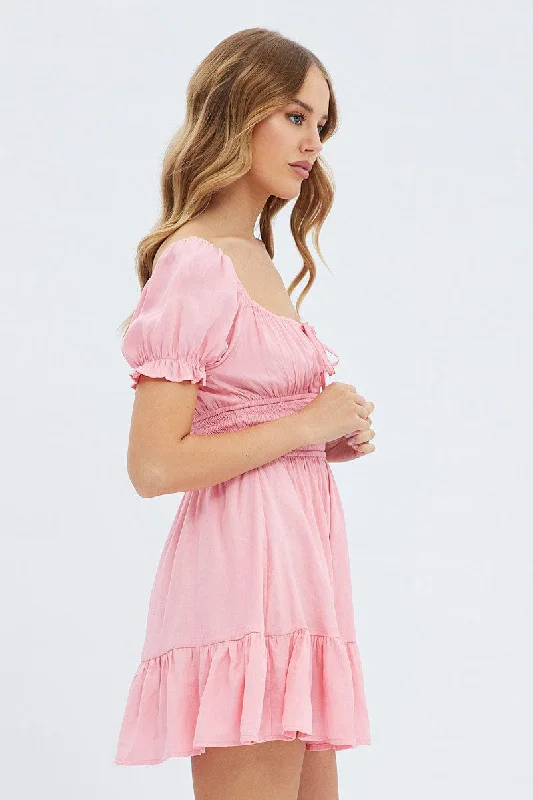 Pink Fit And Flare Dress Short Sleeve Mini