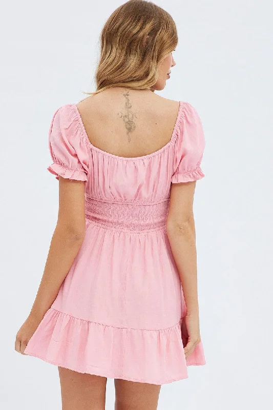 Pink Fit And Flare Dress Short Sleeve Mini