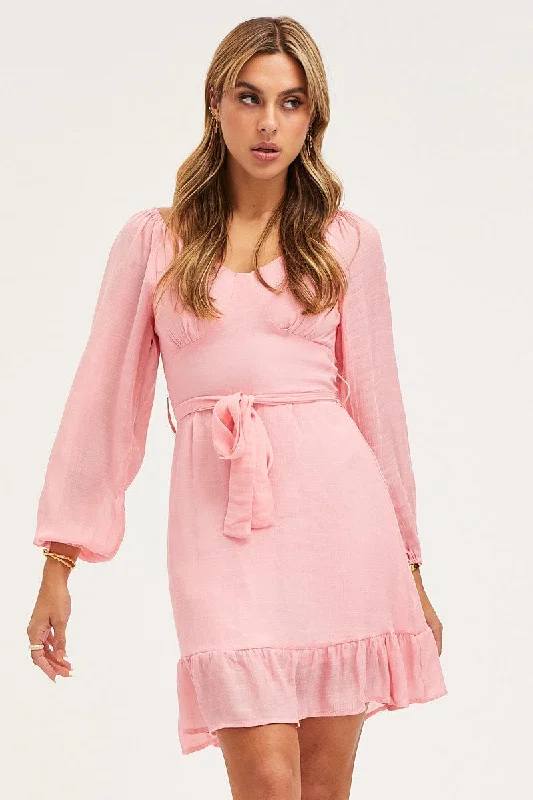 Pink Skater Dress Long Sleeve Mini Ruffle