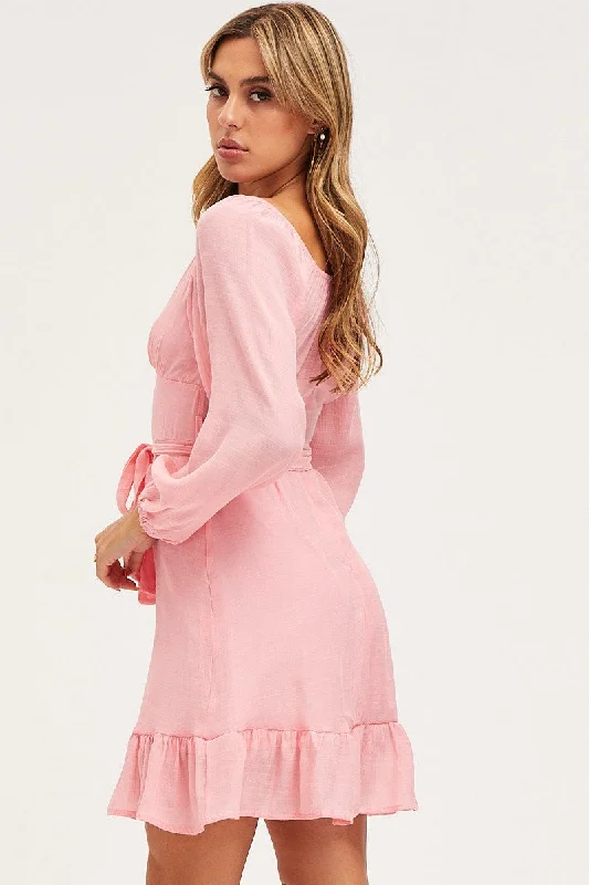 Pink Skater Dress Long Sleeve Mini Ruffle