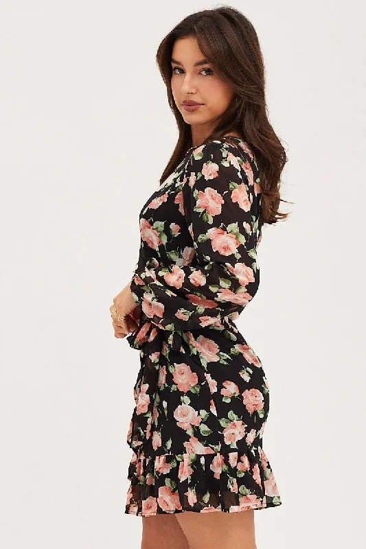 Print Wrap Dress Long Sleeve Mini Ruffle