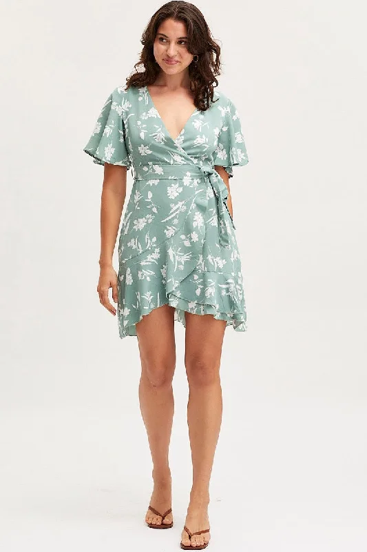 Print Wrap Dress Short Sleeve Mini Ruffle