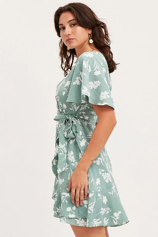 Print Wrap Dress Short Sleeve Mini Ruffle