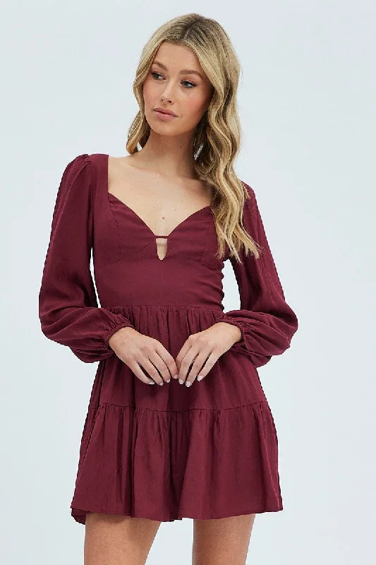 Purple Fit And Flare Dress Long Sleeve Mini