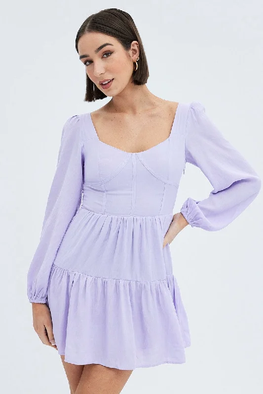 Purple Fit And Flare Dress Long Sleeve Mini