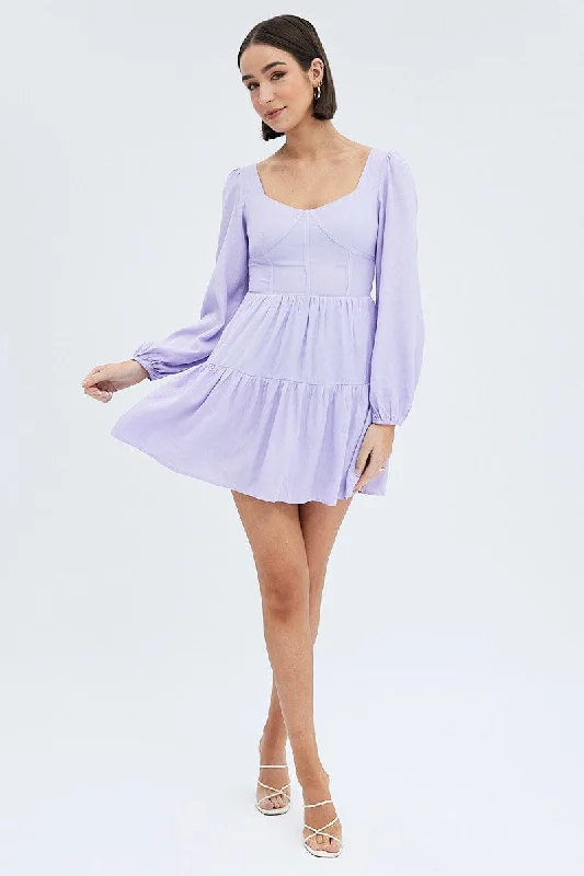 Purple Fit And Flare Dress Long Sleeve Mini