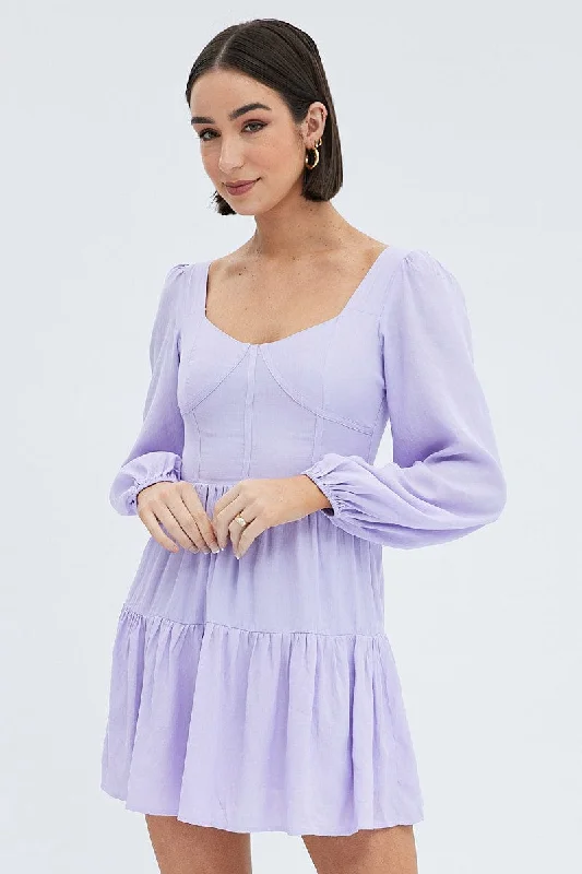 Purple Fit And Flare Dress Long Sleeve Mini