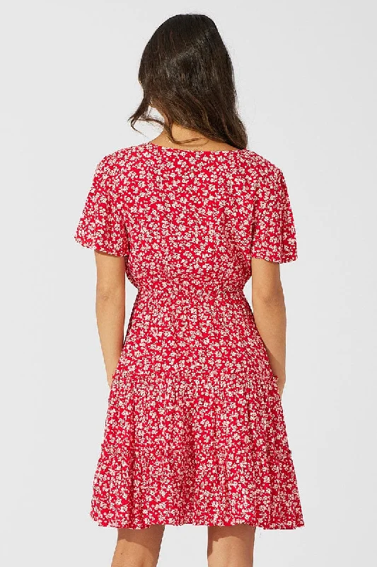 Red Ditsy Fit And Flare Dress V-neck Mini