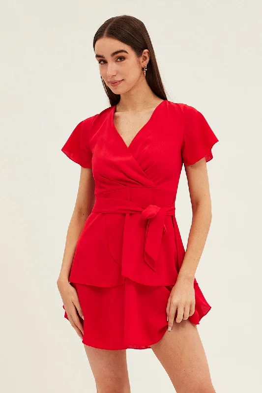 Red Short Sleeve Mini Skater Dress