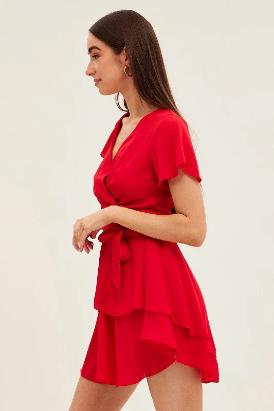 Red Short Sleeve Mini Skater Dress