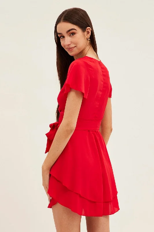 Red Short Sleeve Mini Skater Dress