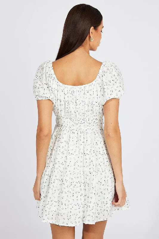 White Ditsy Fit And Flare Dress Puff Sleeve Mini