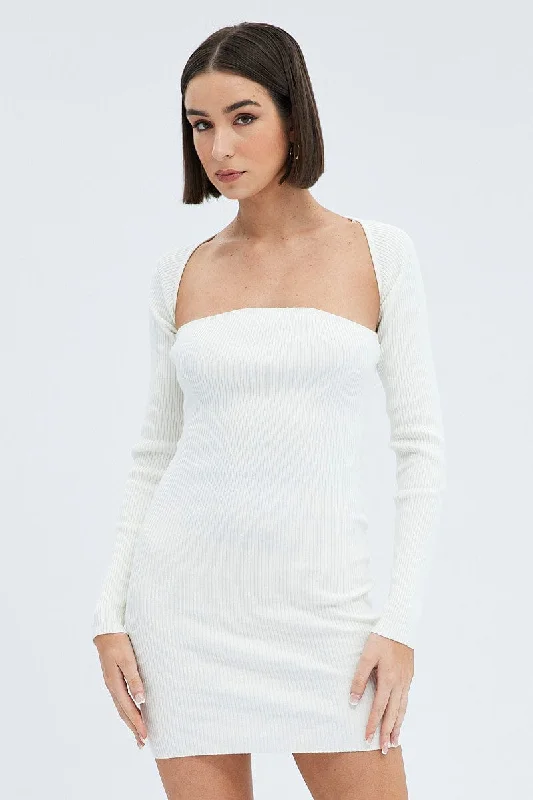 White Dress & Shrug Set Long Sleeve Strapless Mini Knit