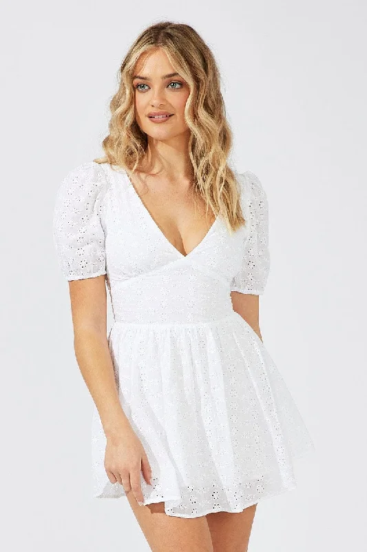 White Fit And Flare Dress Puff Sleeve Mini