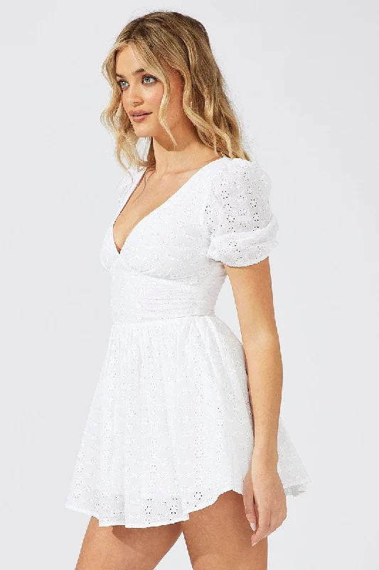 White Fit And Flare Dress Puff Sleeve Mini