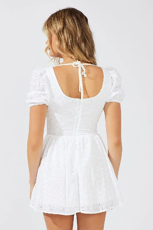 White Fit And Flare Dress Puff Sleeve Mini