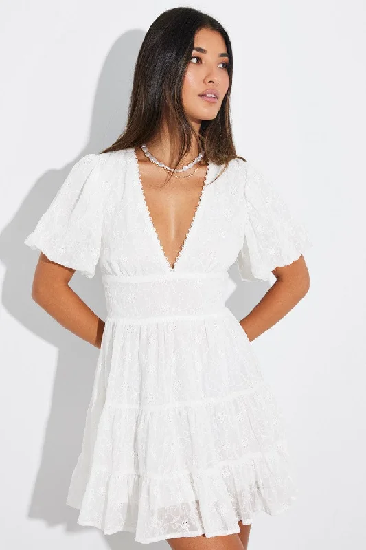 White Fit And Flare Dress Puff Sleeve Mini