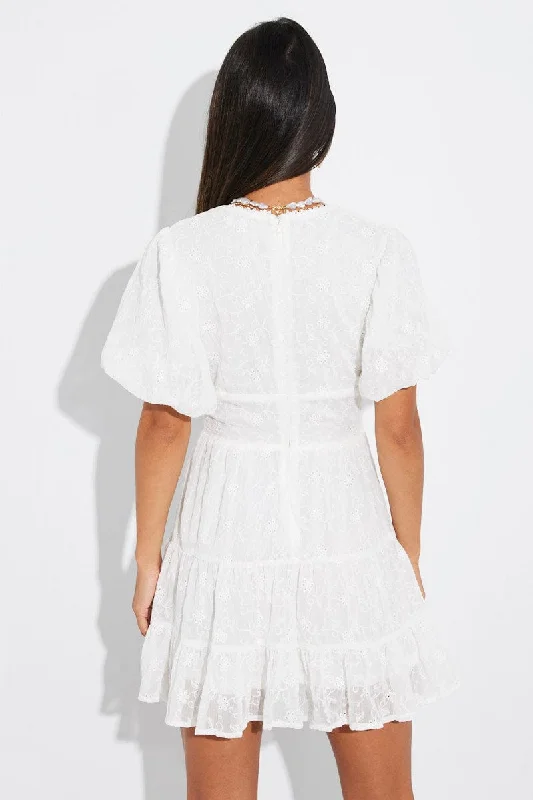 White Fit And Flare Dress Puff Sleeve Mini