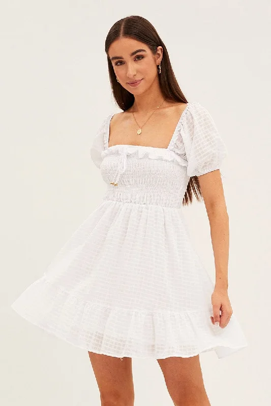 White Fit And Flare Dress Short Sleeve Shirred Mini