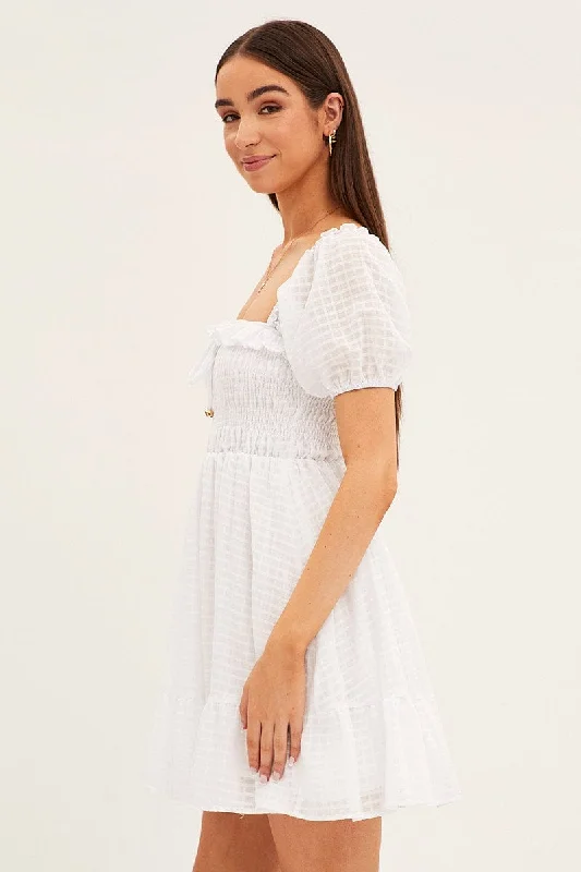 White Fit And Flare Dress Short Sleeve Shirred Mini