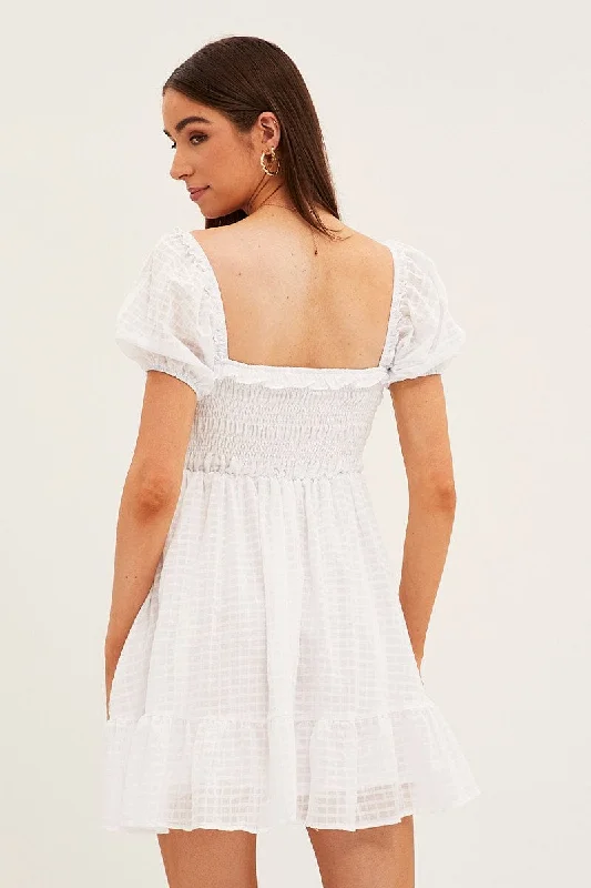 White Fit And Flare Dress Short Sleeve Shirred Mini