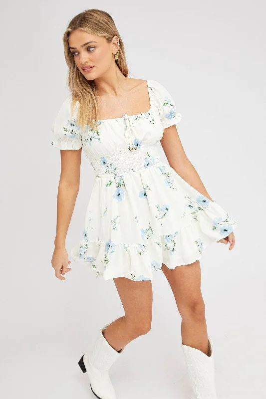 White Floral Fit And Flare Dress Puff Sleeve Mini