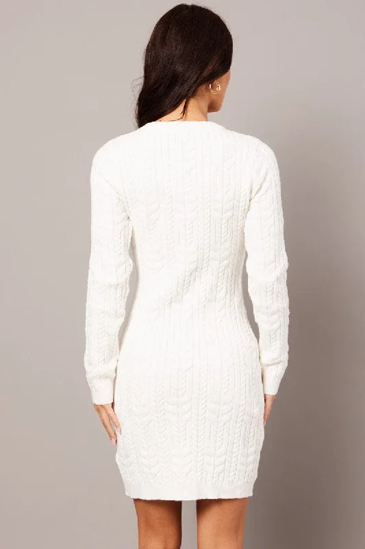 White Knit Dress Long Sleeve Cable Mini