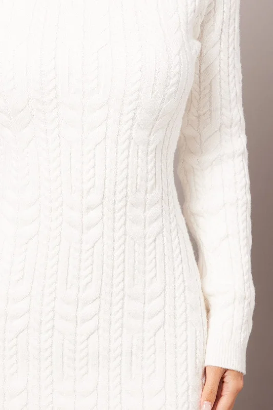 White Knit Dress Long Sleeve Cable Mini