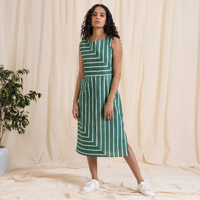 Cotton Midi Dress for Women | Striped | Green