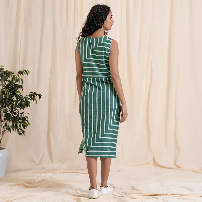 Cotton Midi Dress for Women | Striped | Green