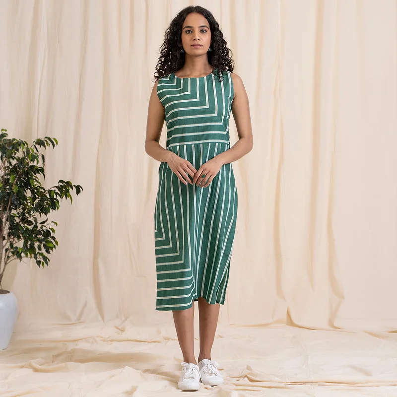 Cotton Midi Dress for Women | Striped | Green