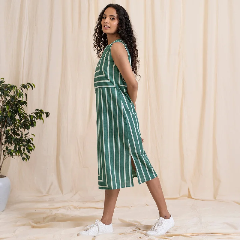 Cotton Midi Dress for Women | Striped | Green