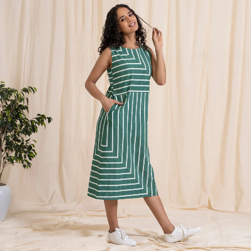 Cotton Midi Dress for Women | Striped | Green