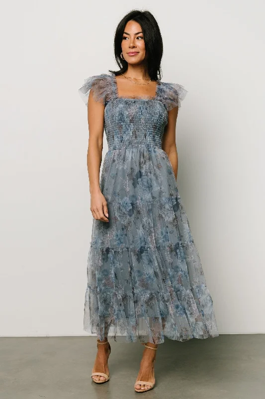 Clementine Tulle Midi Dress | Dusty Blue Floral