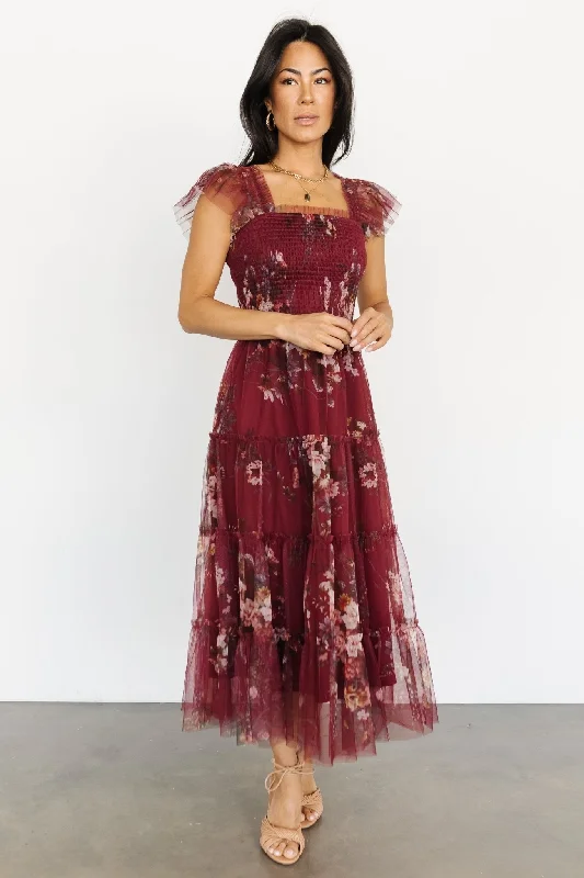 Clementine Tulle Midi Dress | Wine Multi