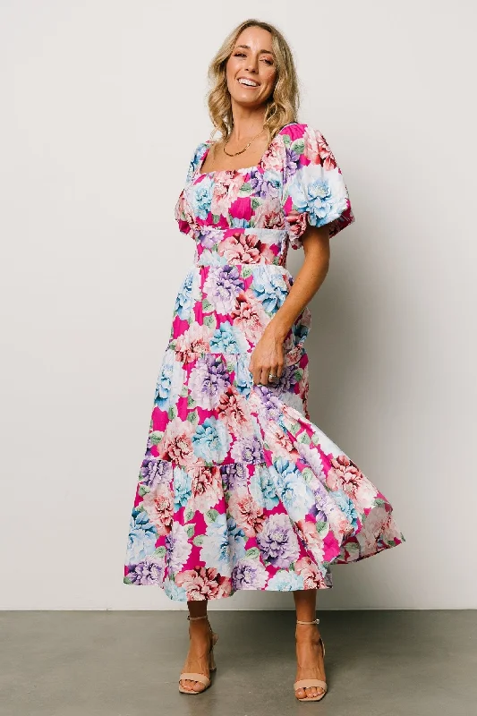 Iva Puff Sleeve Midi Dress | Fuchsia Multi Floral